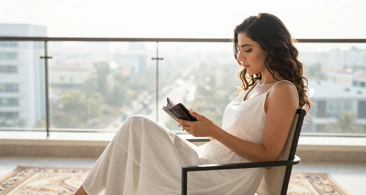 A engrossed Female From Arabic-speaking world, majored in health administration in their 23, building consistency in personal projects, wearing a semi-sheer white sundress backlit by the sun, checking a wallet in a luxury penthouse balcony.