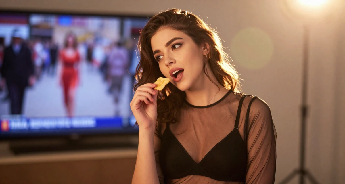 A spirited Female From Hungary, based in Debrecen, graduated from a fashion program majoring in bold thematic styling in their 22, trying to look more professional than they feel, wearing a sheer mesh top layered over a black bralette, holding a snack in a tv set.