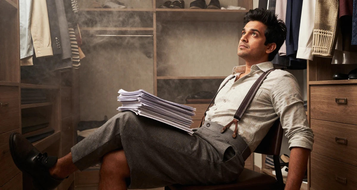 A dreamy male From New Delhi India, majored in English literature in their 38, handling long working hours, wearing a high-waisted skirt with suspenders and a shirt, carrying a stack of documents in a walk-in wardrobe.