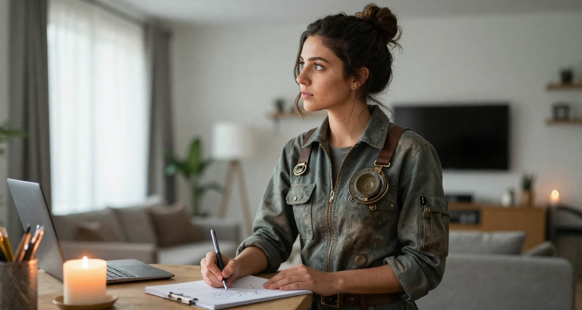 A observant Female From Argentina, studied digital illustration at a local art institute in their 25, discovering early creative passions, wearing a steampunk mechanic jumpsuit with grease stains, holding a pen poised to write in a modern apartment.