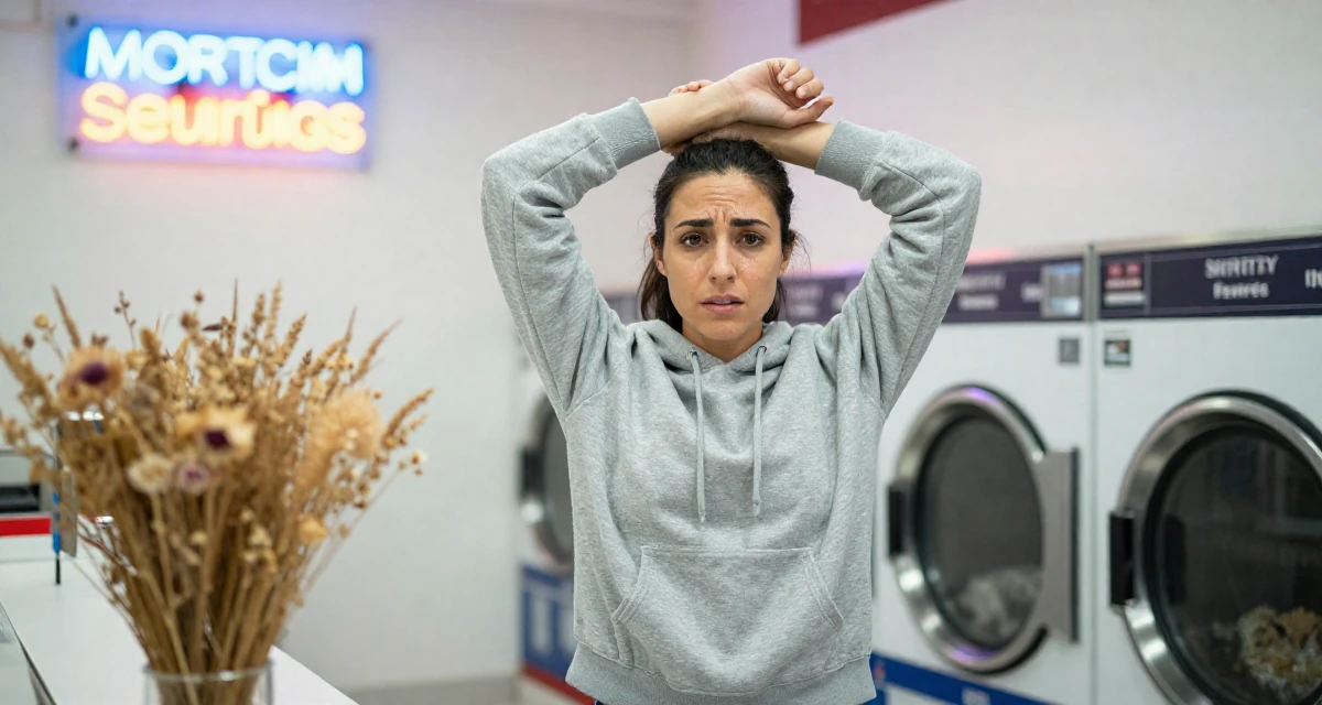 A proud and dignified Female From Singapore, has a degree in business management in their 24, worried about the future of the economy, wearing a classic grey hoodie and jeans, wiping sweat from the brow in a laundromat with neon signs.