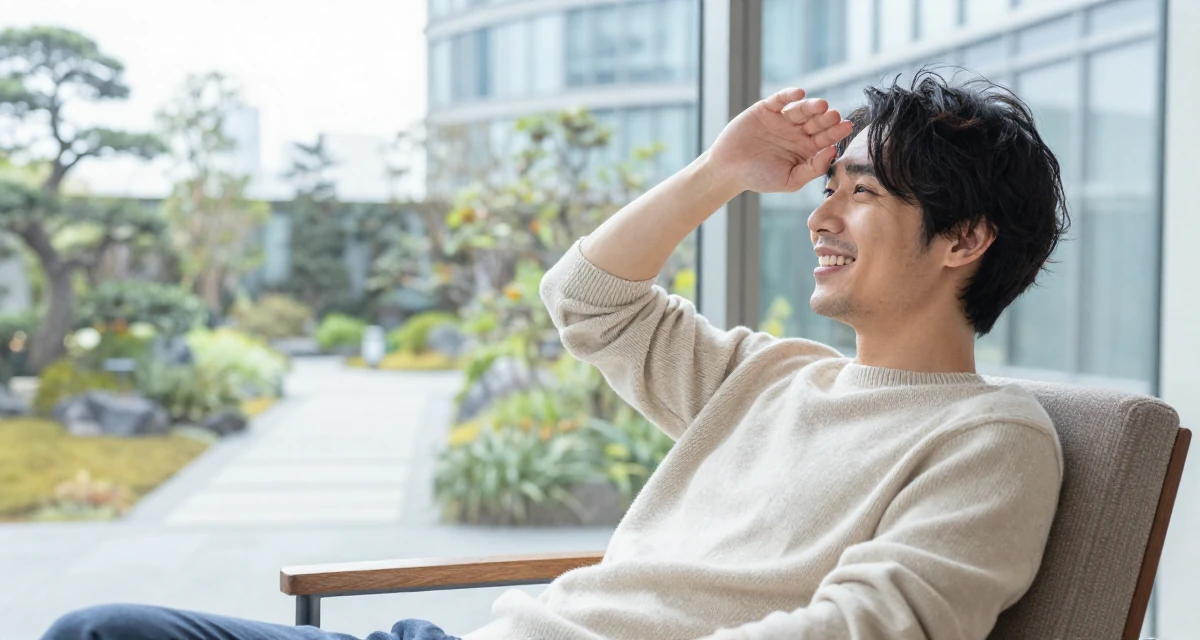 A happy male Former graphic design student, now using visuals for intimate storytelling in their 25, evaluating long-term career opportunities, wearing a soft cashmere sweater worn with nothing visible underneath, shielding face from the wind in a high-rise office building.