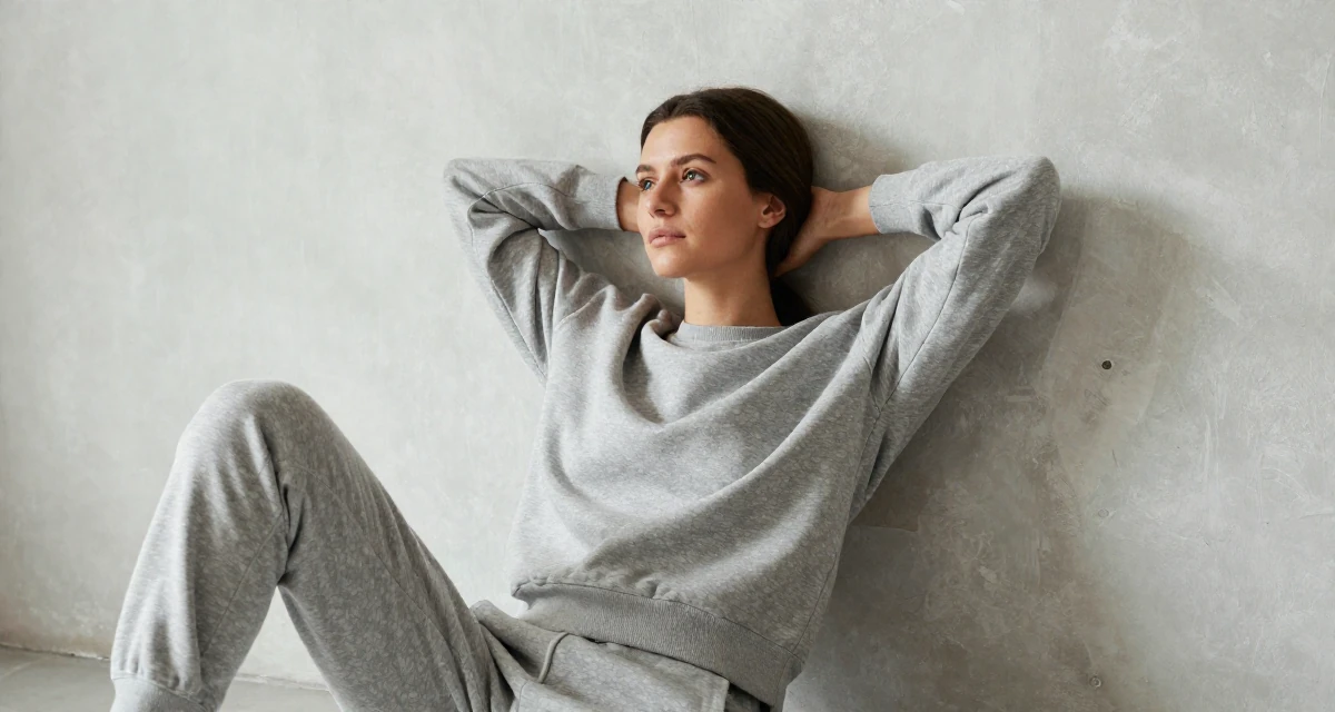 A contemplative Female From Zurich Switzerland, learned luxury lifestyle imaging in their 23, decoding the unwritten rules of corporate life, wearing a relaxed jogger and sweatshirt combo, fanning self with a hand in a barn interior.