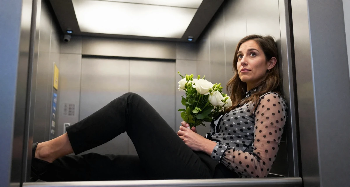 A fearless Female From Canada, studied kinesiology in their 26, seeking deeper meaning in daily work, wearing a sheer polka dot blouse and black trousers, holding a bouquet in a corporate elevator.