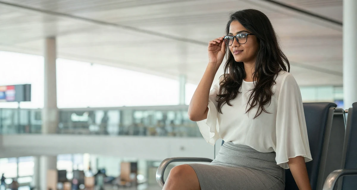 A lighthearted Female From New Delhi India, majored in English literature in their 24, cutting off toxic relationships without guilt, wearing a tight pencil skirt and a loose chiffon top, adjusting glasses in a airport terminal.