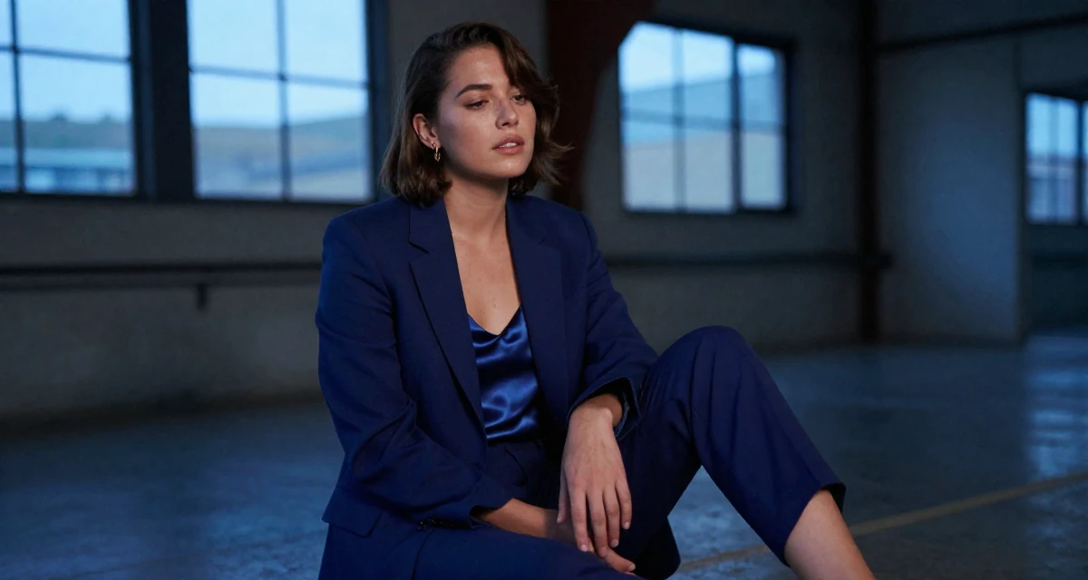 A bewitching Female From New Zealand, majored in landscape architecture in their 24, learning to work through emotional lows, wearing a crisp navy blue blazer over a silk camisole and trousers, clasping hands together in a industrial loft.