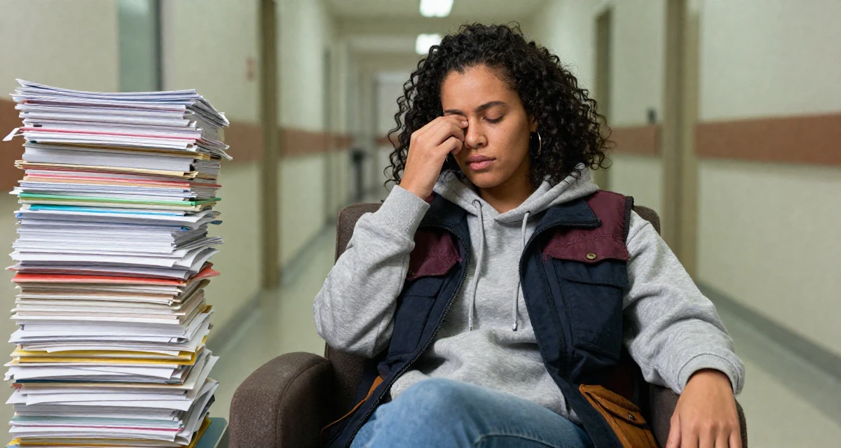 A resilient Female From Brazil, majored in sociology in their 24, figuring out how to manage trolls and harassment, wearing a layered vest over hoodie, rubbing eyes in a hospital corridor.
