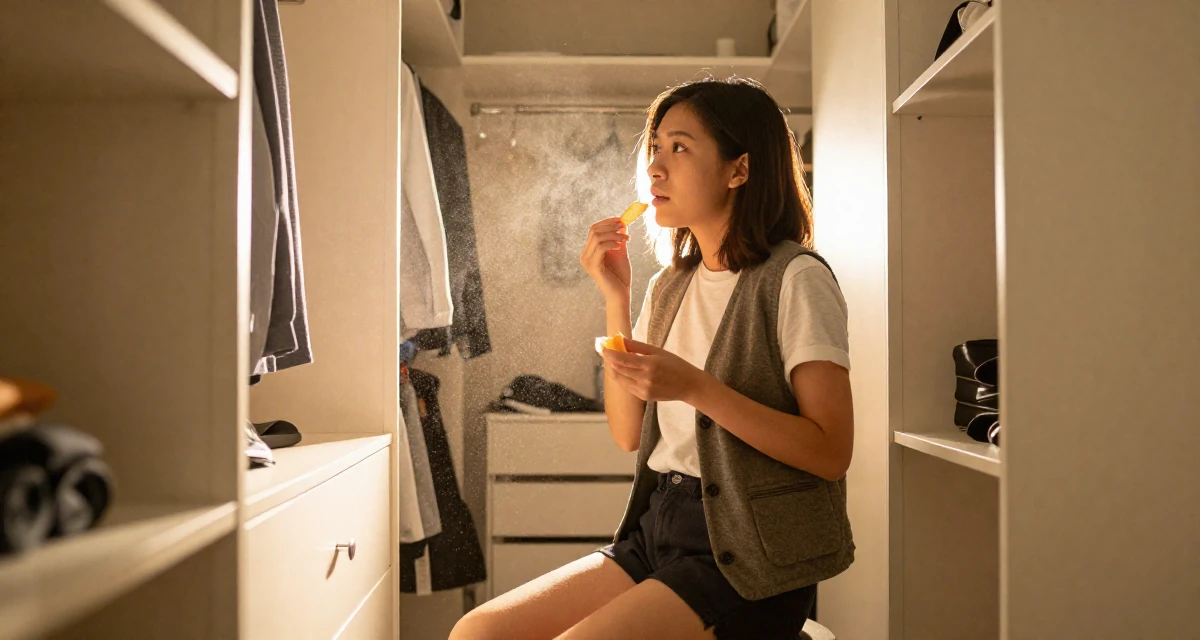 A expectant Female From Singapore, holds a degree in data science in their 25, optimizing scenes for mood, not explicitness, wearing a casual vest and t-shirt layer, holding a snack in a walk-in wardrobe.
