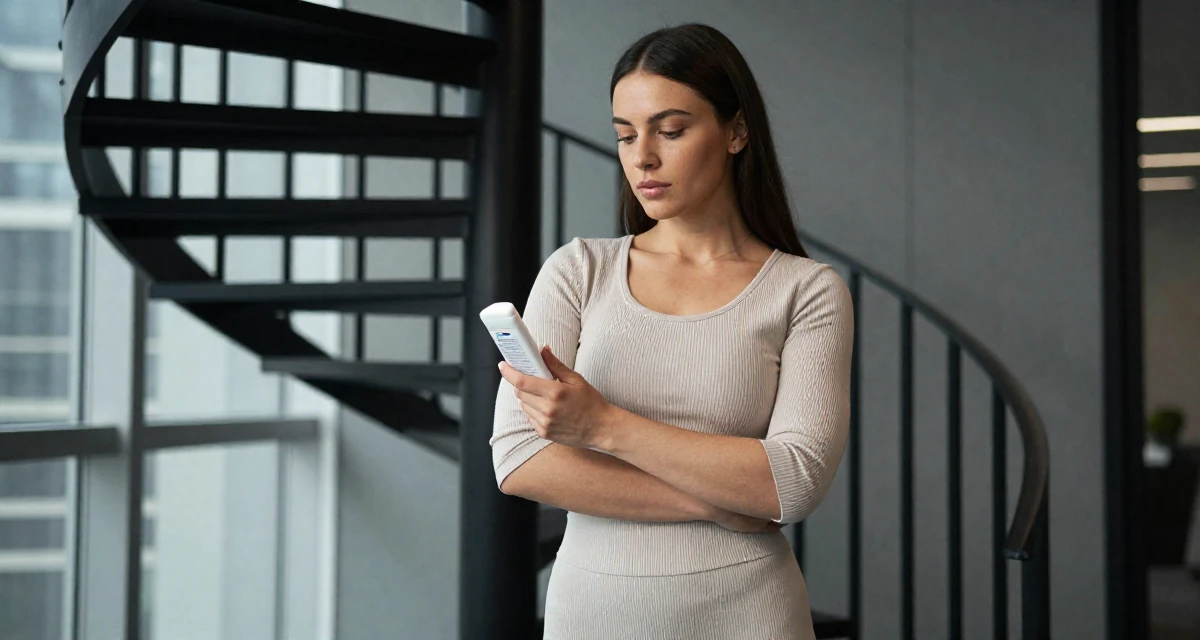 A calm Female Former aerobics instructor, now filming premium workout sessions in their 22, struggling to stay inspired with limited resources, wearing a ribbed lounge set that hugs the curves, examining a product in a high-rise office building.