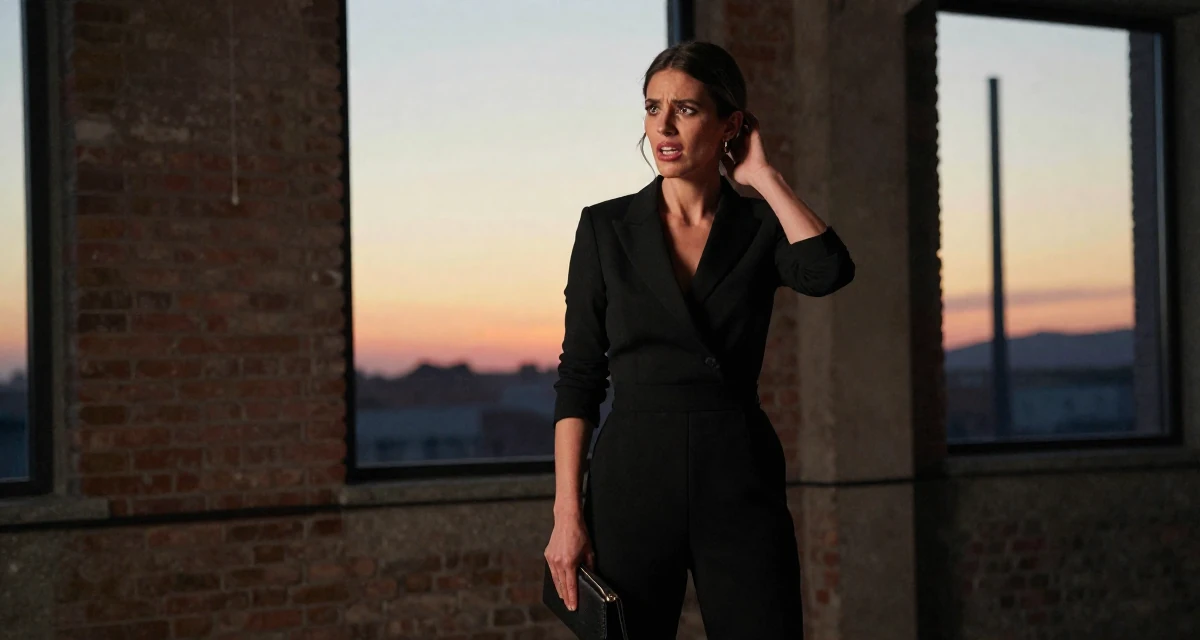 A anxious but excited Female From Italy, studied restoration of cultural heritage in their 30, experimenting with bold fashion choices, wearing a black jumpsuit with a blazer style top, clutching a clutch bag in a loft apartment with brick walls.
