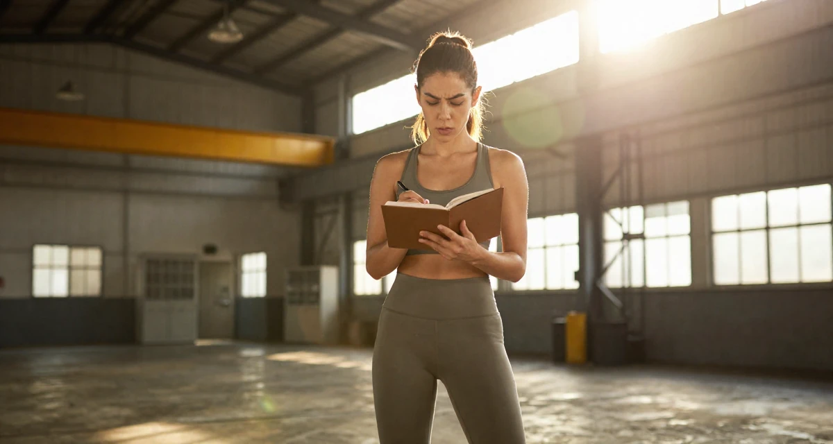 A ferocious Female From Singapore, based in Jurong, graduated from a polytechnic majoring in aesthetic marketing in their 33, balancing softness with inner strength, wearing a form-fitting athletic set with a sports bra and leggings, writing in a journal in a industrial warehouse.