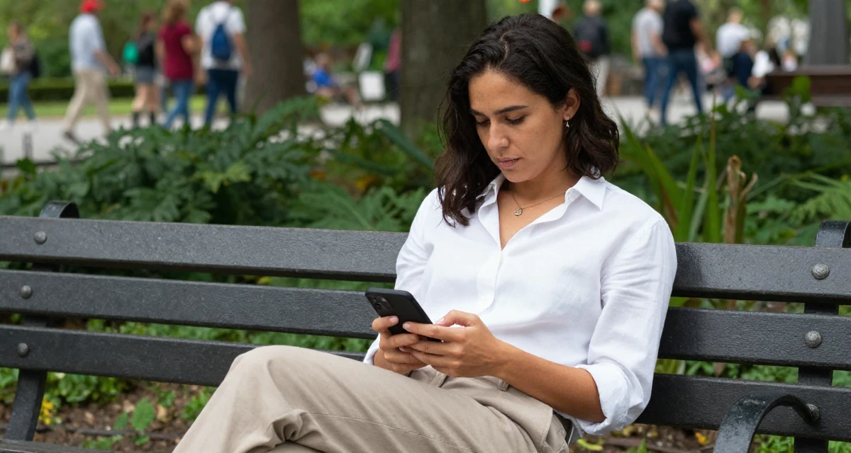 A lazy Female From Montreal Canada, studied erotic art history and creative expression in their 32, recovering from burnout and prioritizing rest, wearing a crisp white shirt and chinos, unlocking a phone screen in a park bench.
