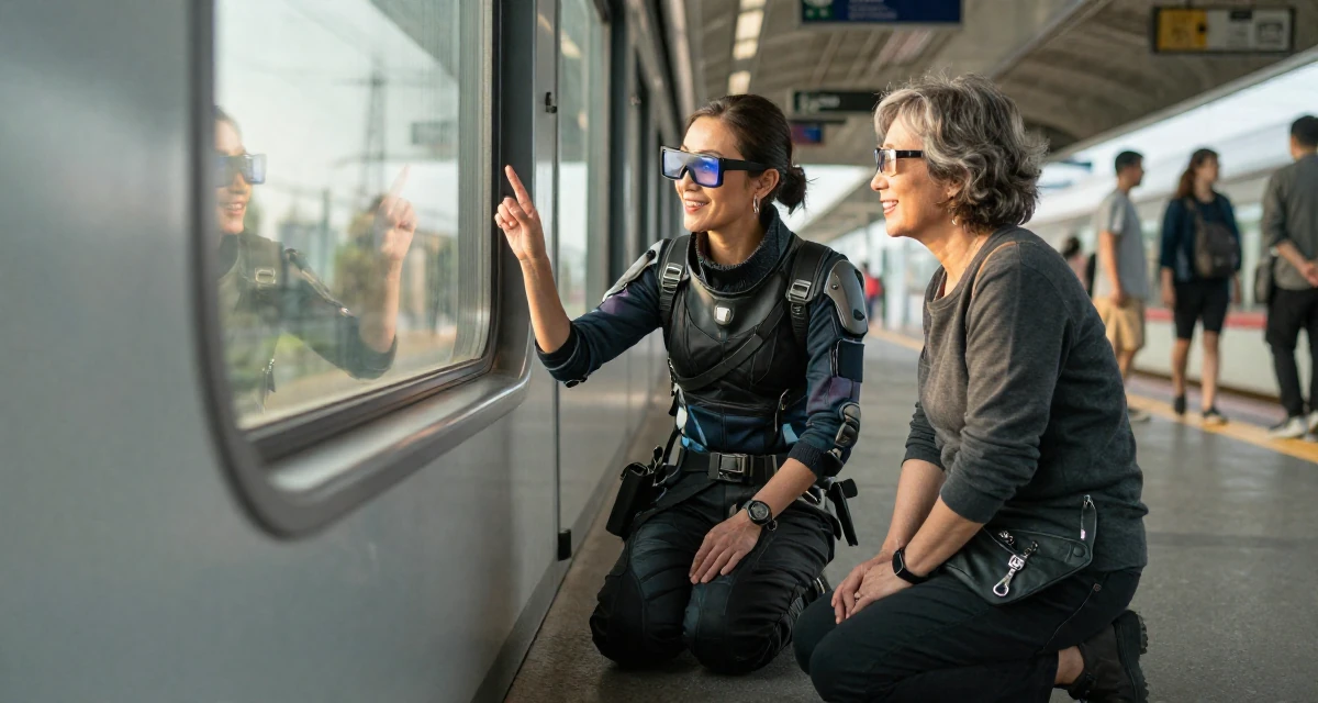 A hopeful Female Former geography club member, now producing exploration-themed content in their 40, navigating the balance of career and aging parents, wearing a cyberpunk hacker outfit with oversized tech glasses, checking a reflection in a window in a train platform.
