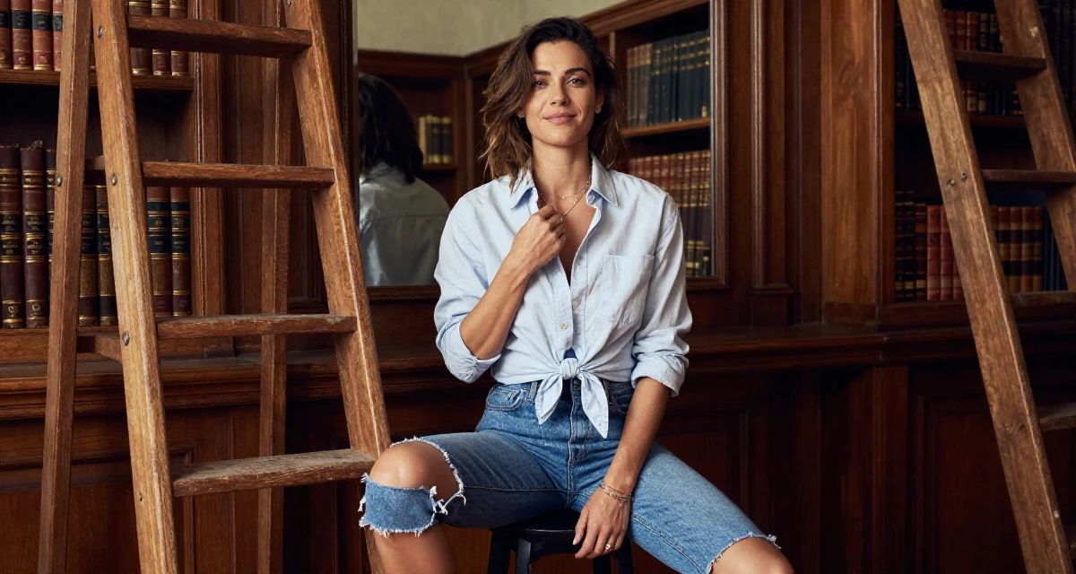A amused Female Former firefighter trainee, now producing strength-based content in their 38, handling long working hours with discipline, wearing a button-down shirt tied at the waist and denim cutoffs, touching a necklace in a old library with wooden ladders.