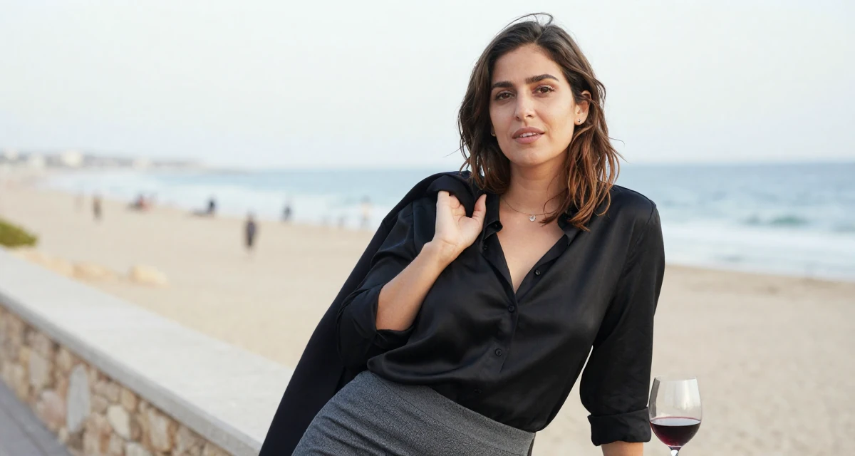 A open and honest Female From Israel, has a background in tech startups in their 29, preparing for the transition into the 30s, wearing a black silk blouse slightly unbuttoned and a grey skirt, holding a jacket over a shoulder in a beach promenade.