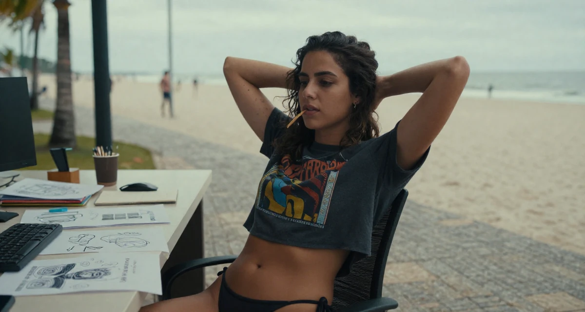A quiet Female From Brazil, based in Curitiba, graduated from a regional college majoring in advertising design in their 22, feeling imposter syndrome in office meetings, wearing a cropped graphic tee and bikini bottoms, biting a lip thoughtfully in a beach promenade.