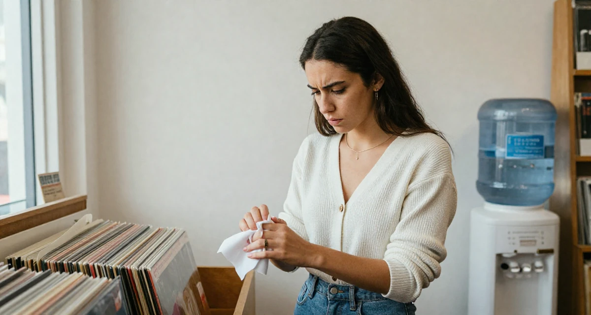 A intimidating Female Grew up in France, majored in cultural studies in their 22, learning how to avoid scams and risky promo offers, wearing a cropped cardigan with only one button fastened, wiping hands in a vintage record store.