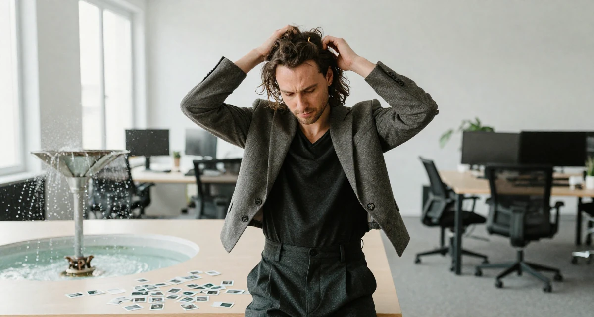 A exhausted male From Hamburg Germany, majored in sociology in their 30, embracing a new level of self-assurance, wearing a cropped blazer and high-waisted trousers set, adjusting a hairpin in a office workspace.