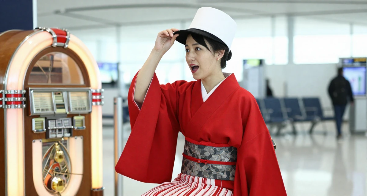 A eager Female From Germany, studied industrial design at a technical college in their 42, passionate about sustainable luxury living, wearing a traditional Japanese miko priestess robe in red and white, tipping a hat in a airport terminal.