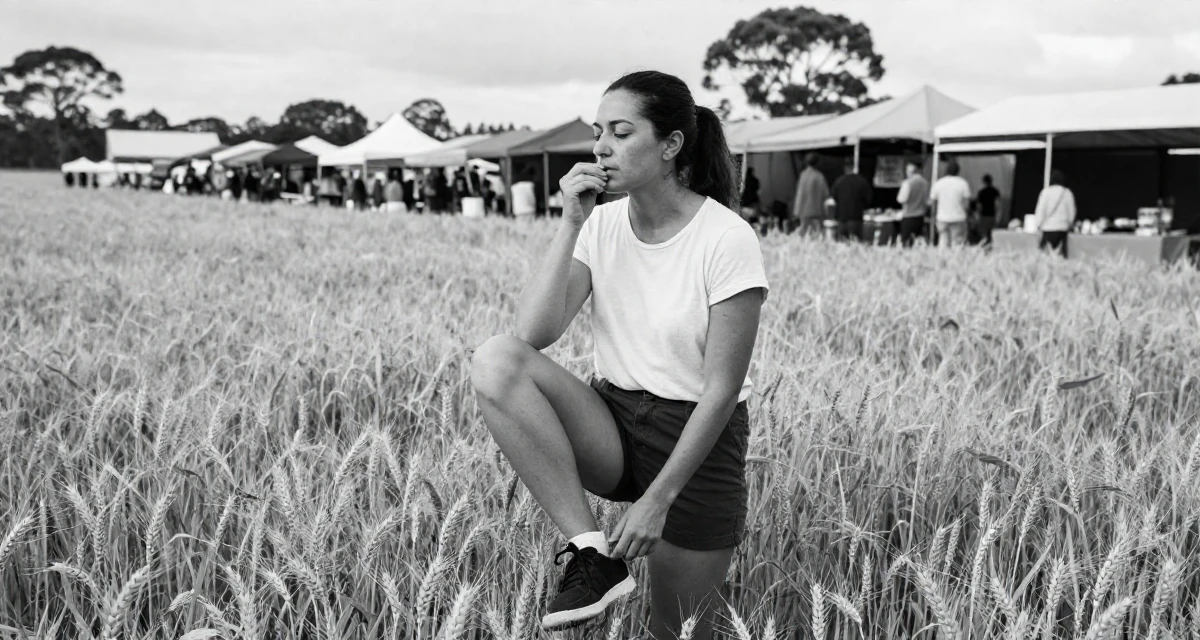 A zen-like Female From Australia, studied sports science and nutrition in their 25, thinking about quitting but too deep to walk away, wearing a minimalist everyday clothing, taking a deep breath in a golden wheat field.
