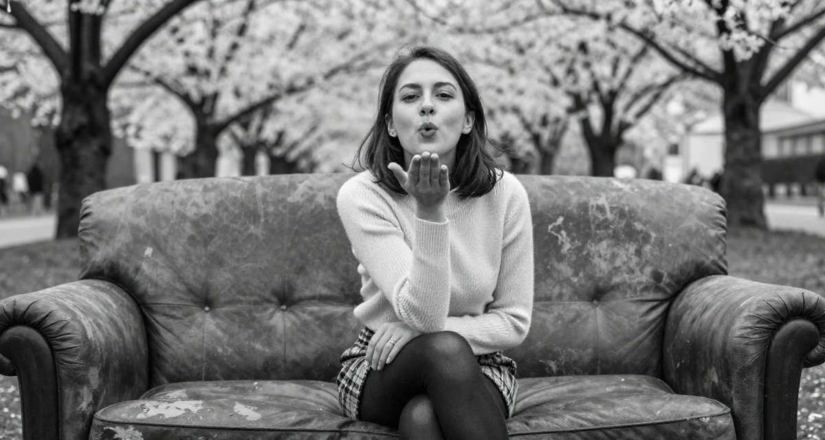 A open and honest Female From Italy, based in Bologna, graduated from a local university majoring in media production in their 25, still unsure how to price beginner subscriptions, wearing a fitted merino wool sweater and plaid mini skirt, blowing a kiss in a cherry blossom park.