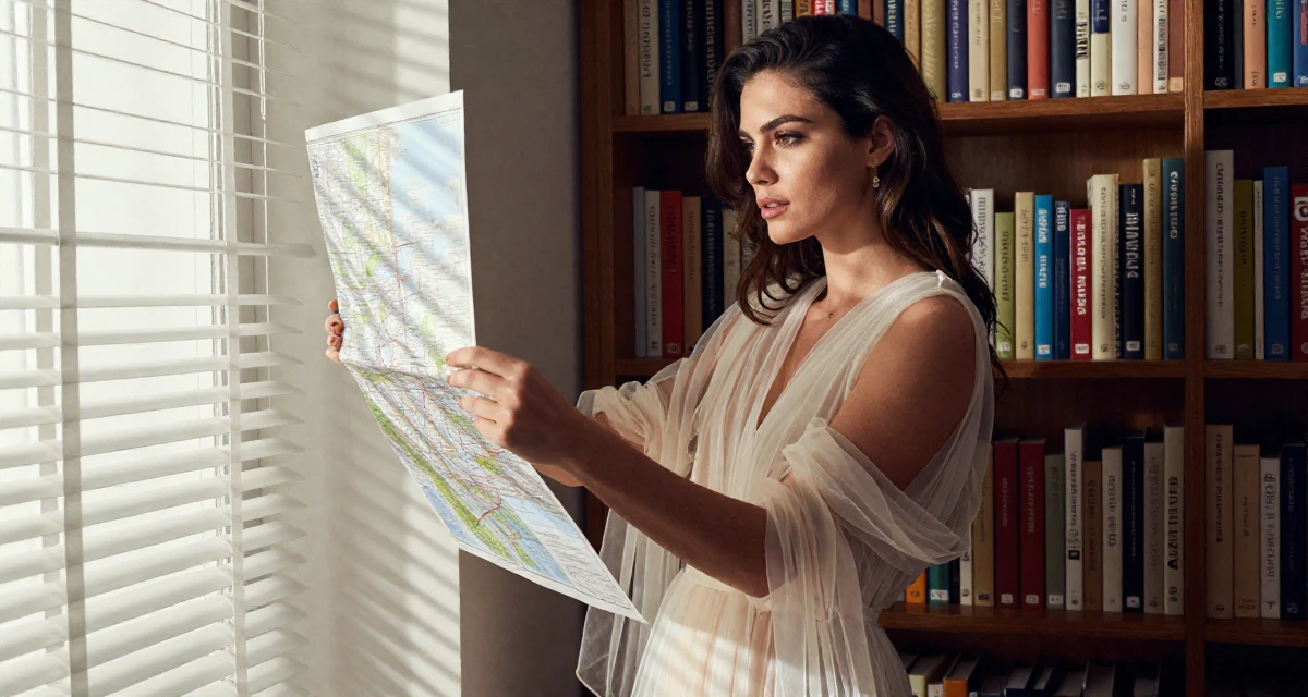 A empowered Female Grew up in France, majored in cultural studies in their 25, managing fluctuating confidence, wearing a ethereal spirit dress made of flowing sheer chiffon, looking at a map in a quiet library corner.