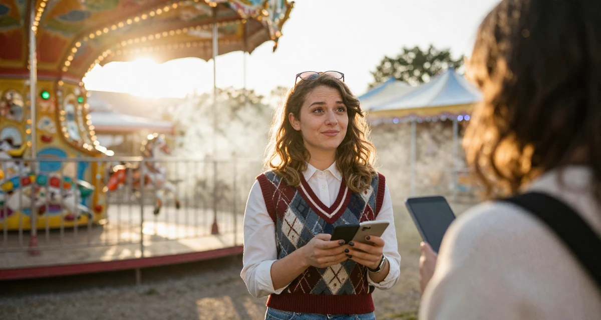 A whimsical Female From Belgium, has a degree in international law in their 20, chasing internet fame and creative validation, wearing a preppy sweater vest combo, smiling at a stranger in a carnival with rides.