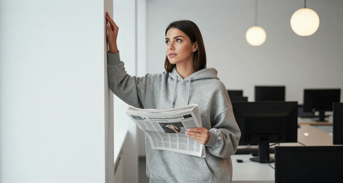A thoughtful Female From Romania, studied computer science in their 30, embracing a new level of self-assurance, wearing a oversized hoodie worn as a dress, holding a newspaper in a conference room.