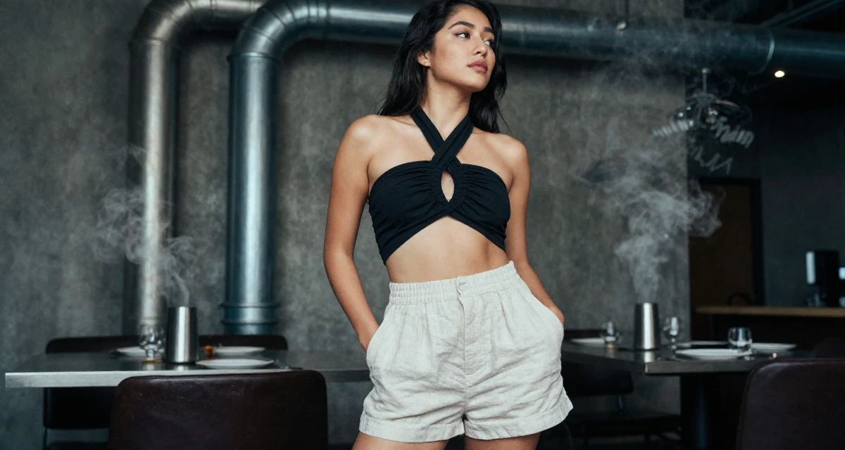 A calm and confident Female From Canada, majored in english and creative writing in their 23, feeling the thrill of posting a bold outfit for the first time, wearing a criss-cross halter neck top and linen shorts, looking for something in a pocket in a dining room.