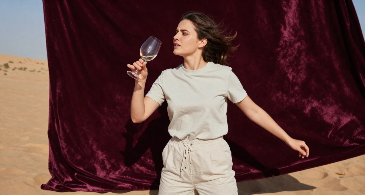 A fearless Female From Poland, studied biotechnology in their 24, mastering the art of work-life separation, wearing a clean, neutral-toned casual outfit, holding a wine glass by the stem in a desert landscape.