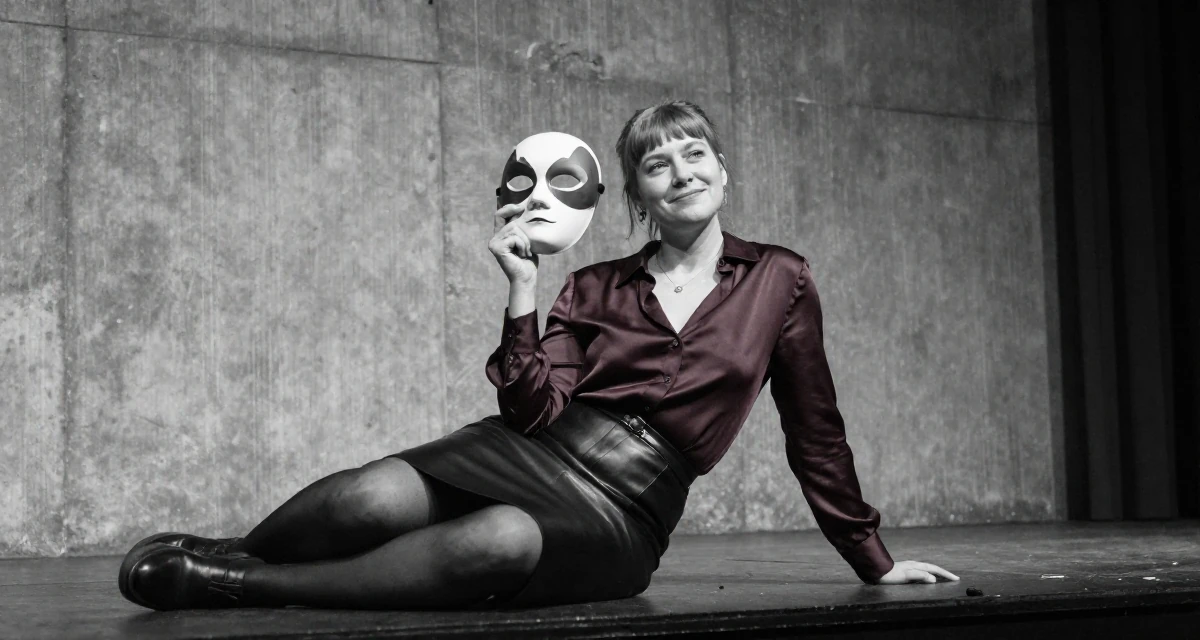 A amused Female From Tampere Finland, majored in game development in their 44, proud of professional achievements and growth, wearing a burgundy silk blouse and black leather skirt, holding a mask (cosplay/prop) in a theater stage.