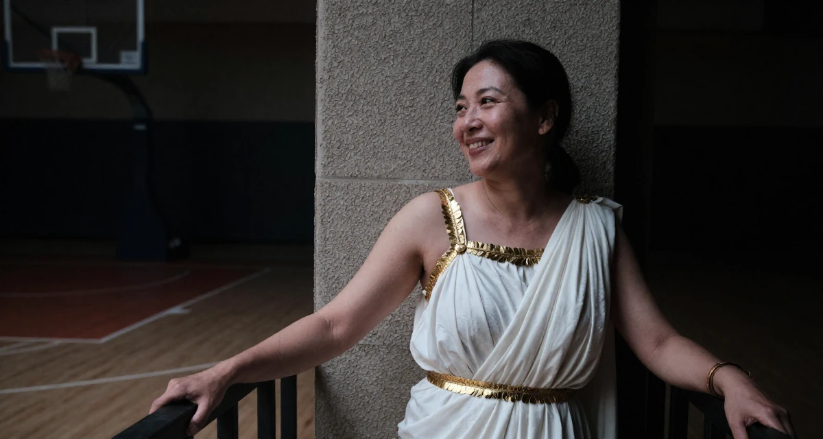 A happy Female From Wuhan China, studied marketing and communications in their 40, embracing natural beauty and self-acceptance, wearing a greek goddess toga with gold leaf accessories, leaning on a railing in a basketball court.