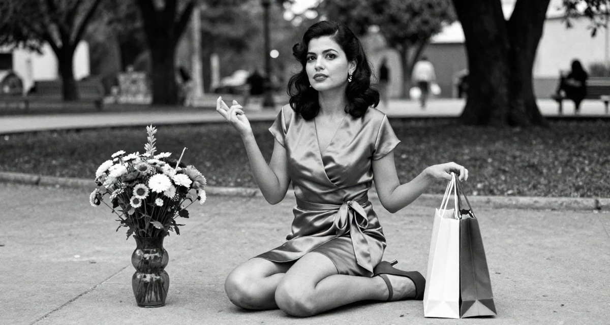 A nostalgic Female From Mexico, majored in advertising and PR in their 23, embracing flirtatious storytelling in creative sets, wearing a satin wrap dress tied loosely at the waist, holding a shopping bag in a quiet park.