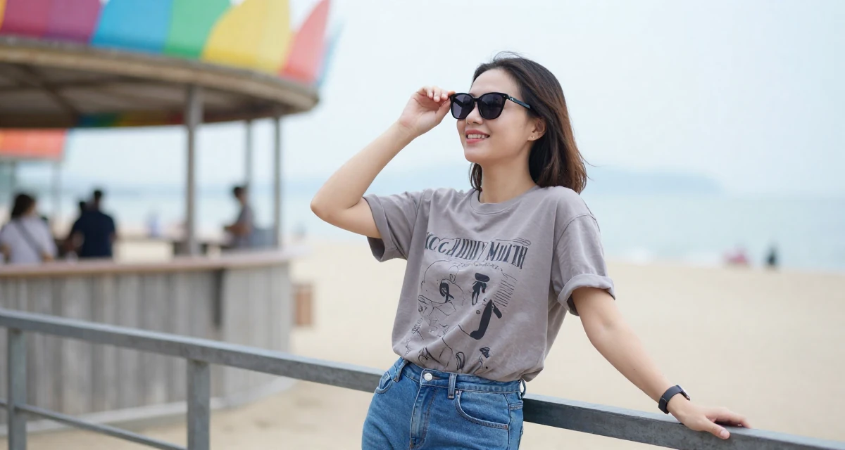 A joyful Female From Ho Chi Minh City Vietnam, studied multimedia design in their 25, becoming more intentional with time and focus, wearing a laid-back graphic tee and jeans, putting on sunglasses in a beach bar.