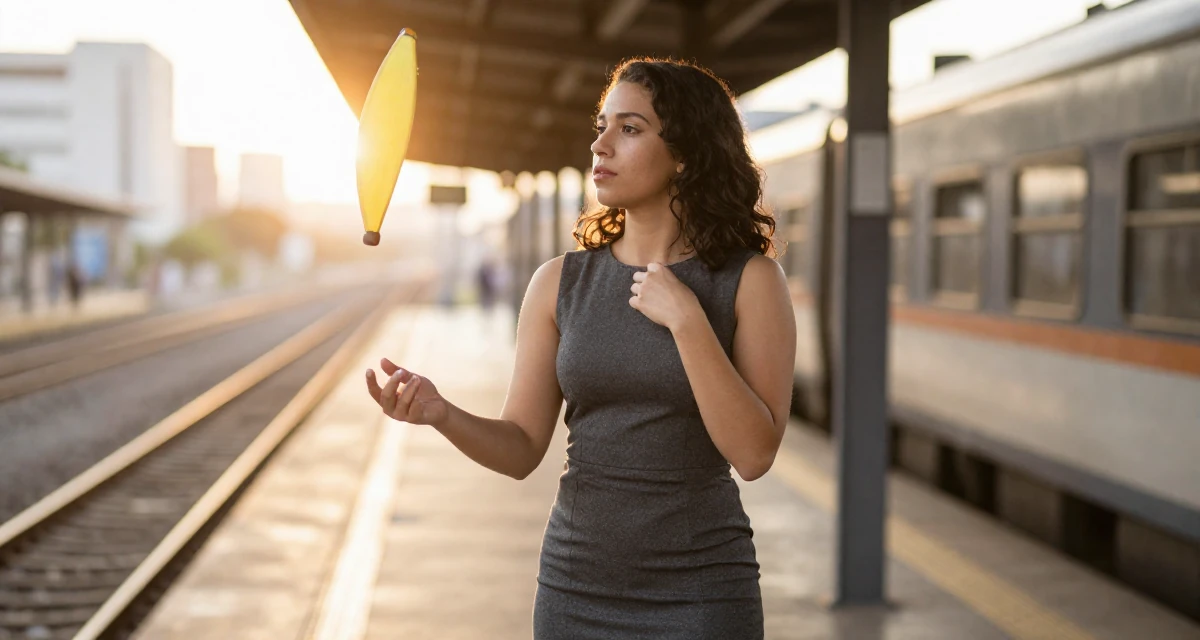 A contemplative Female From Panama, majored in media production in their 25, juggling part-time jobs with studies, wearing a sheath dress in charcoal grey that hugs the curves, adjusting a collar in a train platform.