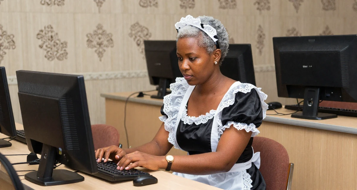 A solemn Female From Zimbabwe, studied computer programming in their 48, embracing grey hair with style and grace, wearing a french maid costume with black silk and white lace, typing a message in a lecture hall.