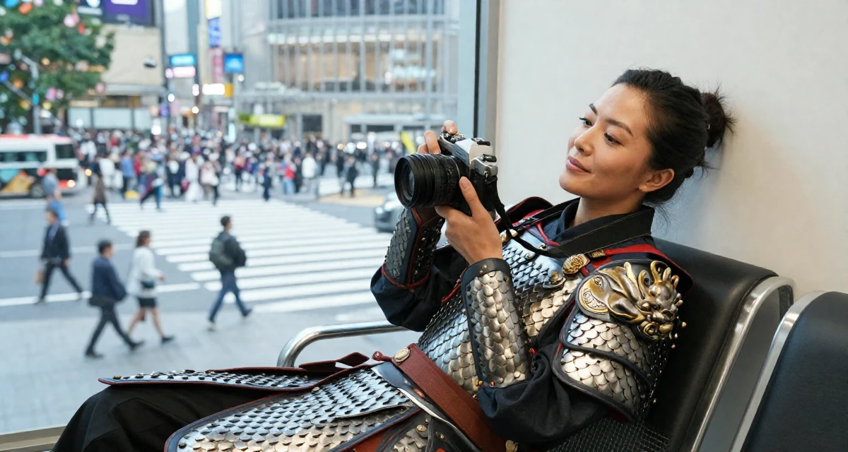 A affectionate Female From Kaohsiung Taiwan, started modeling while studying visual design in their 35, passionate about classical music and art, wearing a dragon scale armor texture with metallic sheen, holding a camera in a waiting room.