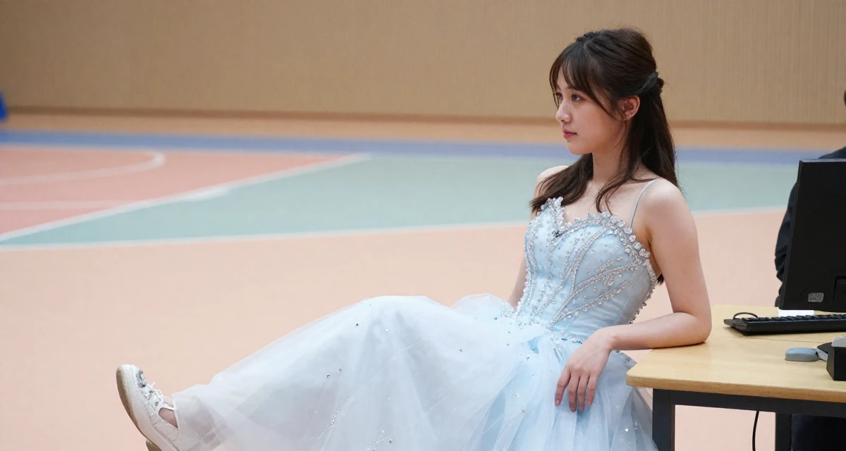 A placid Female From Denmark, based in Odense, graduated from a creative program majoring in soft-seductive branding in their 25, realizing no one teaches emotional labor in creator work, wearing a snow queen gown with ice crystal details, crossing legs in a basketball court.