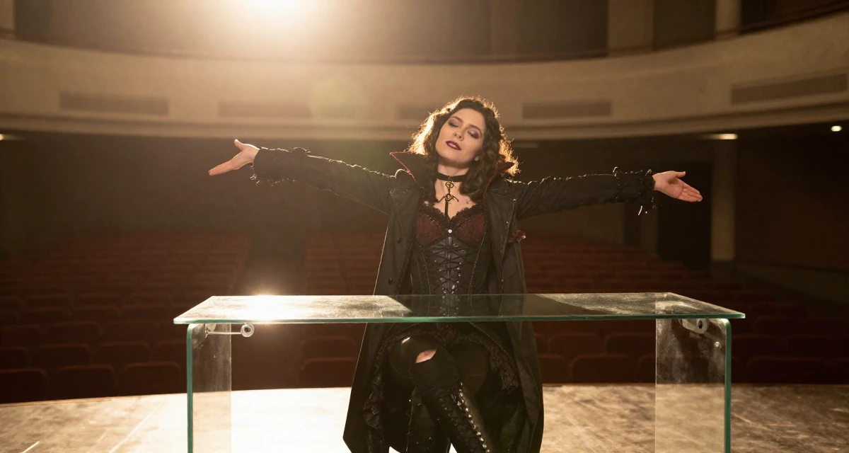 A relaxed Female From Brazil, majored in sociology in their 22, navigating competitive academic environments, wearing a gothic vampire hunter outfit with a long coat, stretching arms after waking in a empty theater stage.