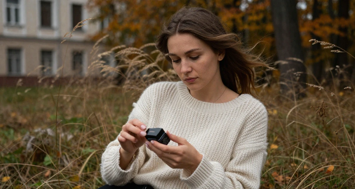 A lazy Female From Moscow Russia, majored in linguistics in their 25, building a consistent weekly posting schedule, wearing a loose open-knit sweater showing skin underneath, examining a product in a autumn forest.