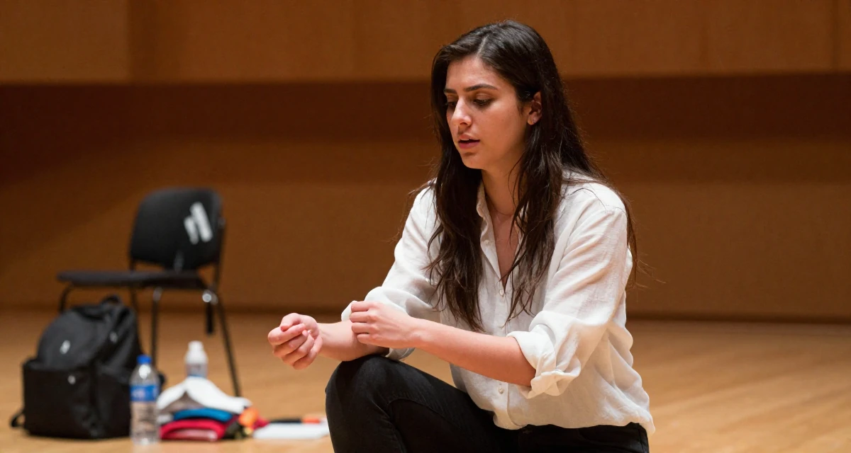 A engrossed Female From Colombia, has a background in performing arts in their 25, starting college life away from home, wearing a lightweight chiffon blouse slightly unbuttoned, adjusting sleeves in a concert hall.