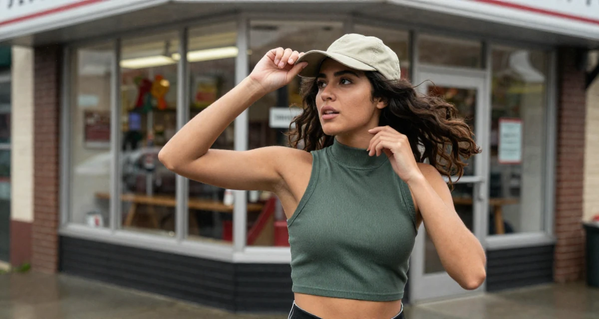 A focused Female From United States, majored in forestry studies in their 23, making decisions that will shape future lifestyle, wearing a high-neck sleeveless crop top showing toned arms, adjusting a hat in a rainy street corner.