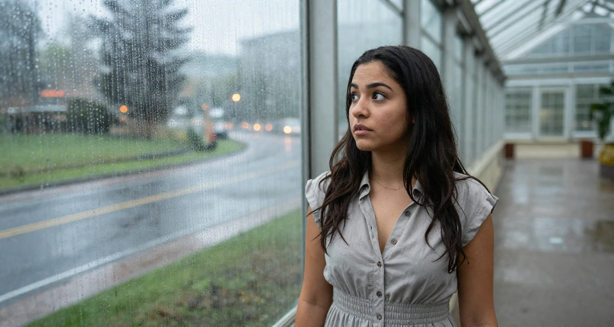 A curious and focused Female From USA, majored in journalism and media studies in their 22, preparing for upcoming graduation requirements, wearing a button-up shirt dress with the top buttons undone, glancing sideways in a greenhouse interior.
