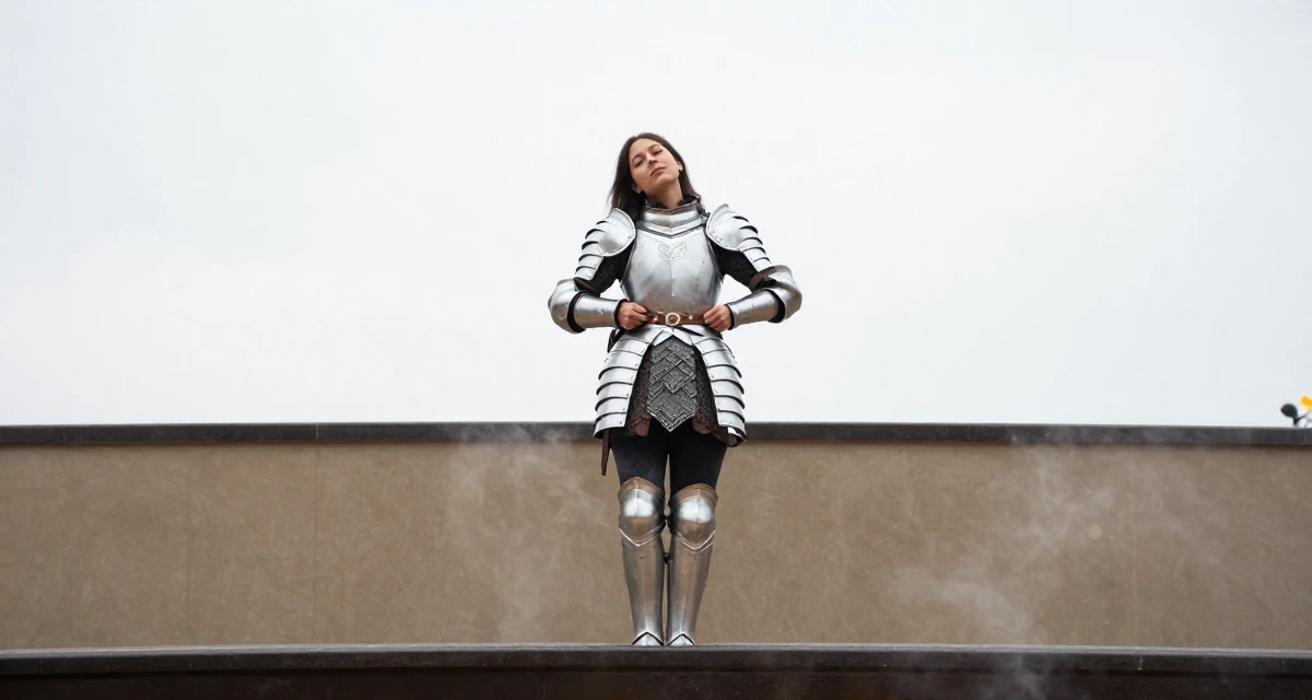 A relaxed and carefree Female From Rwanda, majored in social innovation in their 22, exhausted from the hustle of side gigs, wearing a fantasy warrior princess armor made of silver metal, adjusting a belt in a opera house balcony.