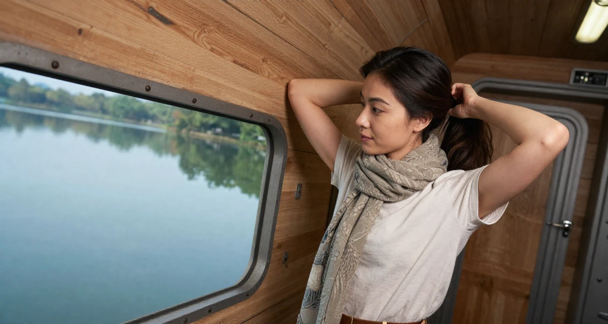 A gentle Female Once a barista, now a full-time creator leaning into aesthetic storytelling in their 25, balancing social life with evolving ambitions, wearing a minimalist everyday clothing, wrapping a scarf around the neck in a spaceship corridor.