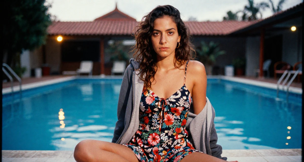 A serious Female From Córdoba Argentina, studied biomedical engineering in their 20, balancing part-time jobs with intense study schedules, wearing a backless summer sundress in a floral print, zipping up a hoodie in a swimming pool.