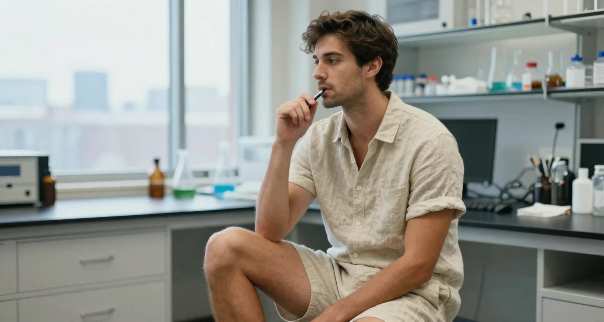 A tranquil male From Houston USA, majored in psychology in their 46, sharing elegant fashion tips for the office, wearing a short romper made of soft linen fabric, chewing on a pen thoughtlessly in a science lab.