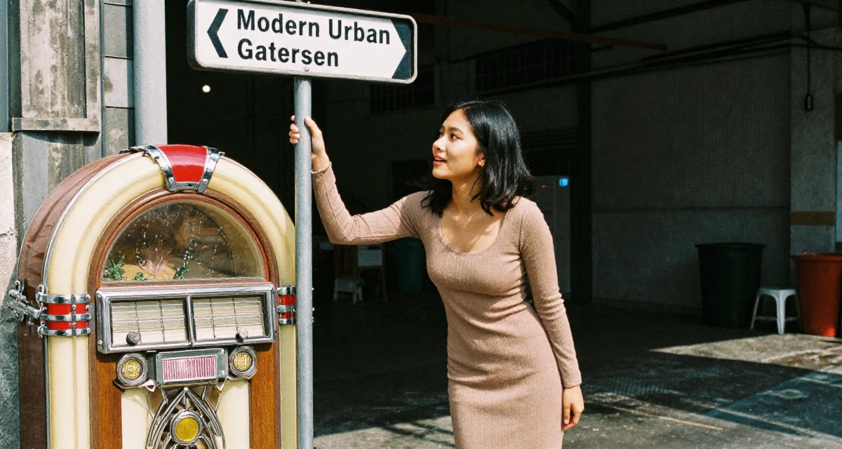 A inspired Female From Kuala Lumpur Malaysia, self-taught content creator specializing in color grading in their 31, sharing tips on modern urban gardening, wearing a tight knit midi dress with long sleeves, looking at a street sign in a industrial warehouse.