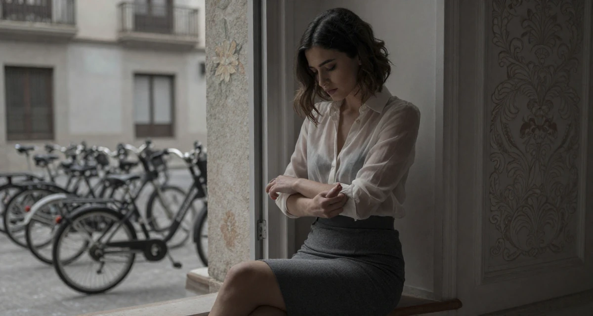 A dignified Female From Valencia Spain, holds a degree in tourism management in their 23, discovering the thrill of tasteful seduction, wearing a sheer sleeve blouse and a high-waisted skirt, adjusting sleeves in a university campus.