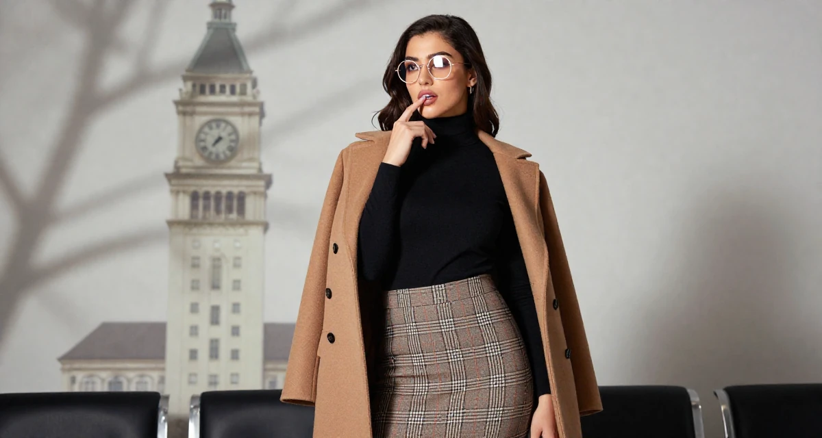 A sophisticated Female From the United States, based in Miami, graduated from a creative institute majoring in seductive branding in their 22, learning how to avoid scams and risky promo offers, wearing a classic black turtleneck tucked into a plaid midi skirt, unbuttoning a coat in a waiting room.